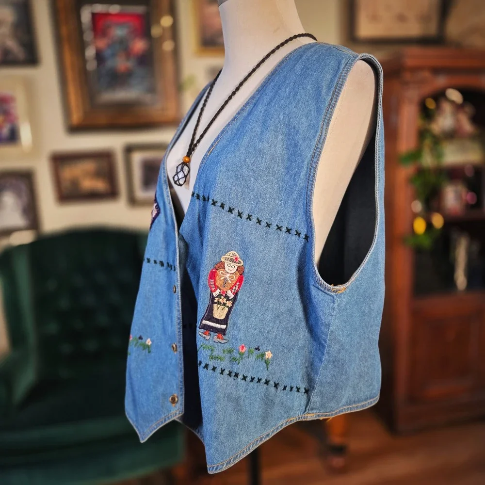 Talk of America Denim Vest Vintage 90s‎ Embroidered Patchwork Country Boho Large